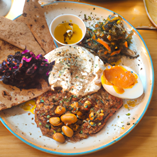 A photo of a colorful plate of traditional Israeli cuisine