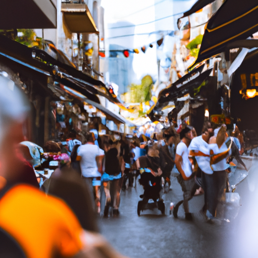 A photo of a busy Tel Aviv street filled with bustling restaurants and cafes